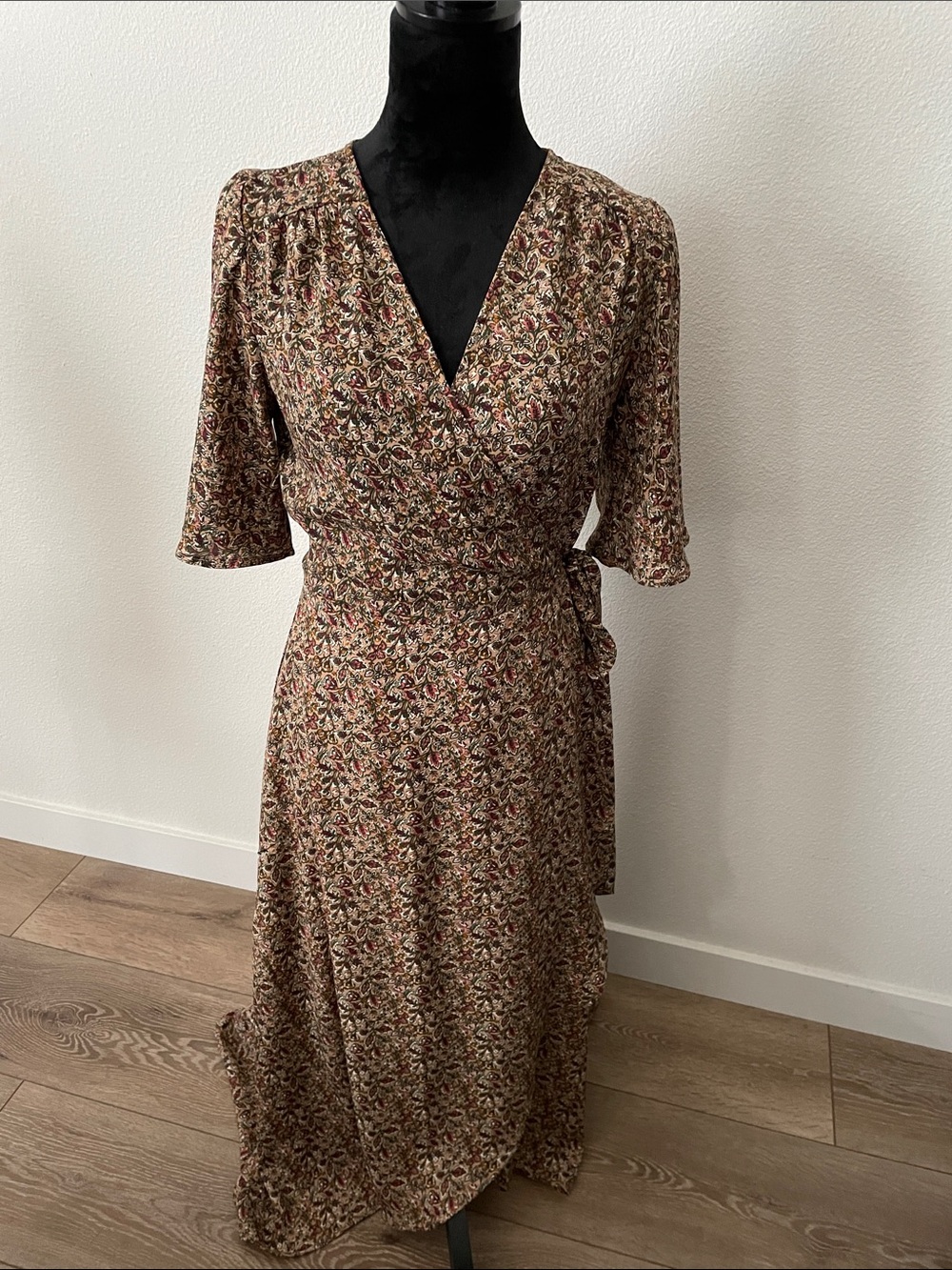 Nordstrom Brown Floral Wrap Midi Dress with Tie Waist